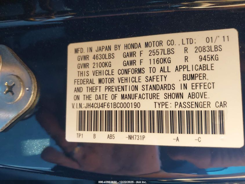 2011 Acura Tsx 3.5 VIN: JH4CU4F61BC000190 Lot: 43983658