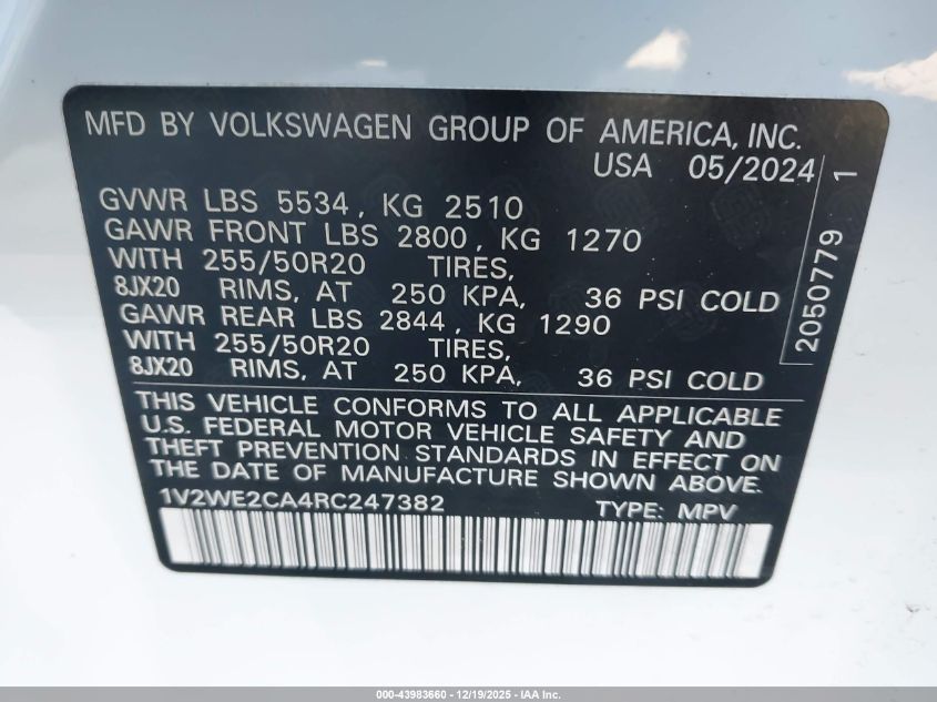 2024 Volkswagen Atlas Cross Sport 2.0T Se W/Technology VIN: 1V2WE2CA4RC247382 Lot: 43983660