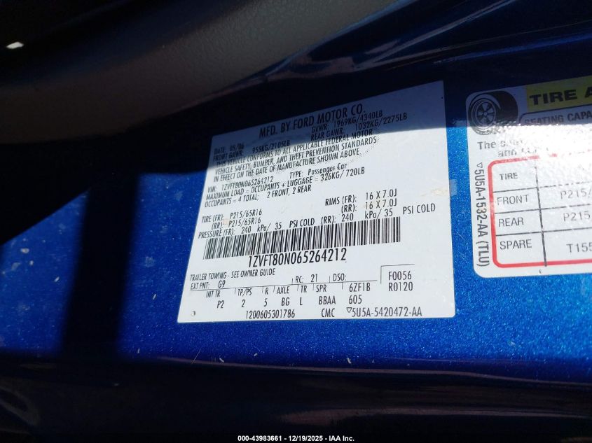 2006 Ford Mustang V6 VIN: 1ZVFT80N065264212 Lot: 43983661