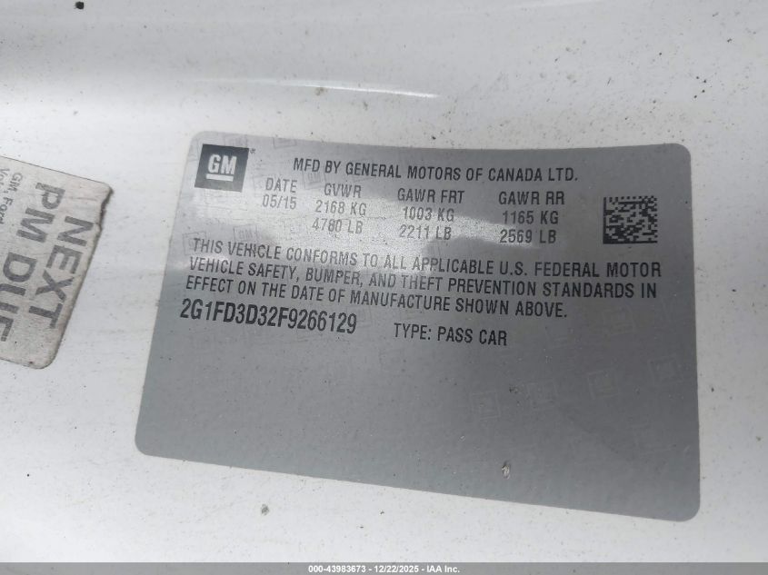 2015 Chevrolet Camaro 1Lt VIN: 2G1FD3D32F9266129 Lot: 43983673