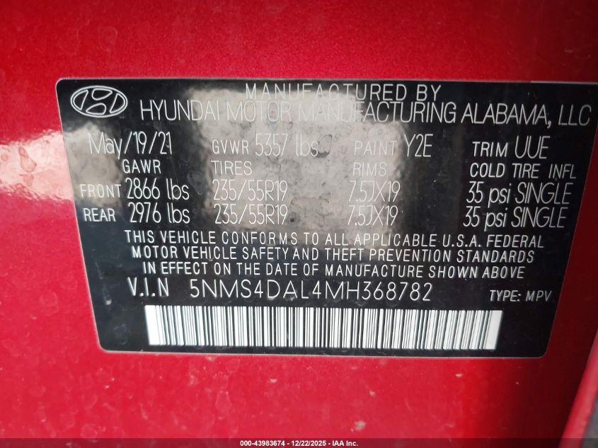 2021 Hyundai Santa Fe Limited VIN: 5NMS4DAL4MH368782 Lot: 43983674