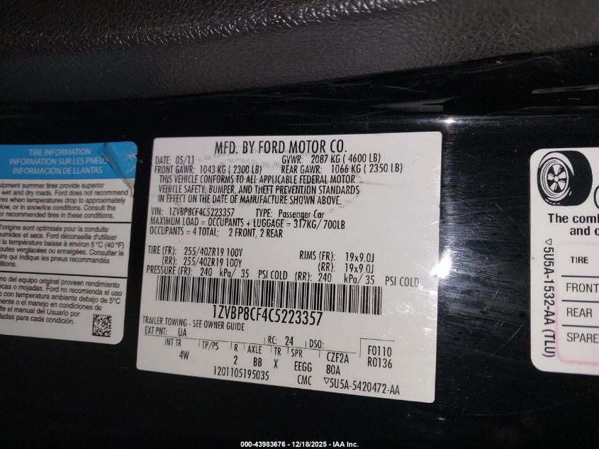 2012 Ford Mustang Gt Premium VIN: 1ZVBP8CF4C5223357 Lot: 43983676