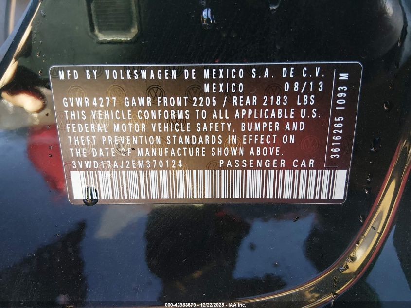2014 Volkswagen Jetta 1.8T Se VIN: 3VWD17AJ2EM370124 Lot: 43983679