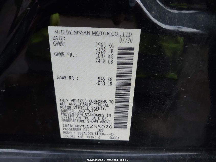 2020 Nissan Altima S Fwd VIN: 1N4BL4BVXLC255070 Lot: 43983686