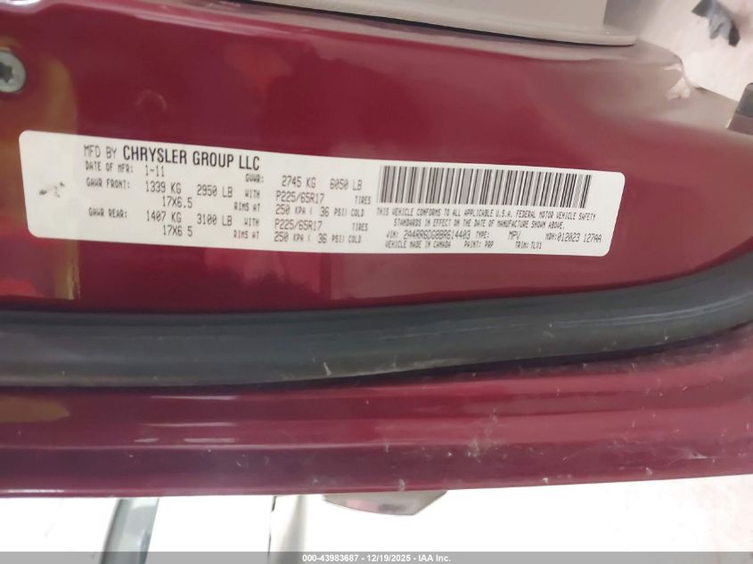 2011 Chrysler Town & Country Limited VIN: 2A4RR6DG8BR614403 Lot: 43983687