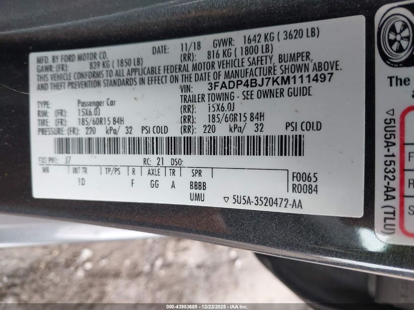 2019 Ford Fiesta Se VIN: 3FADP4BJ7KM111497 Lot: 43983689