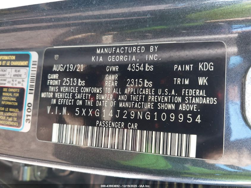2022 Kia K5 Lxs VIN: 5XXG14J29NG109954 Lot: 43983692