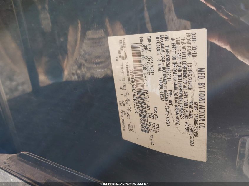 2010 Ford Flex Se VIN: 2FMGK5BC5ABB22314 Lot: 43983694