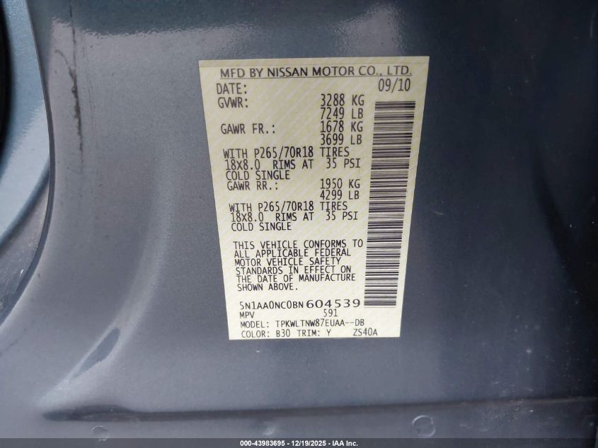 2011 Nissan Armada Sv VIN: 5N1AA0NC0BN604539 Lot: 43983695