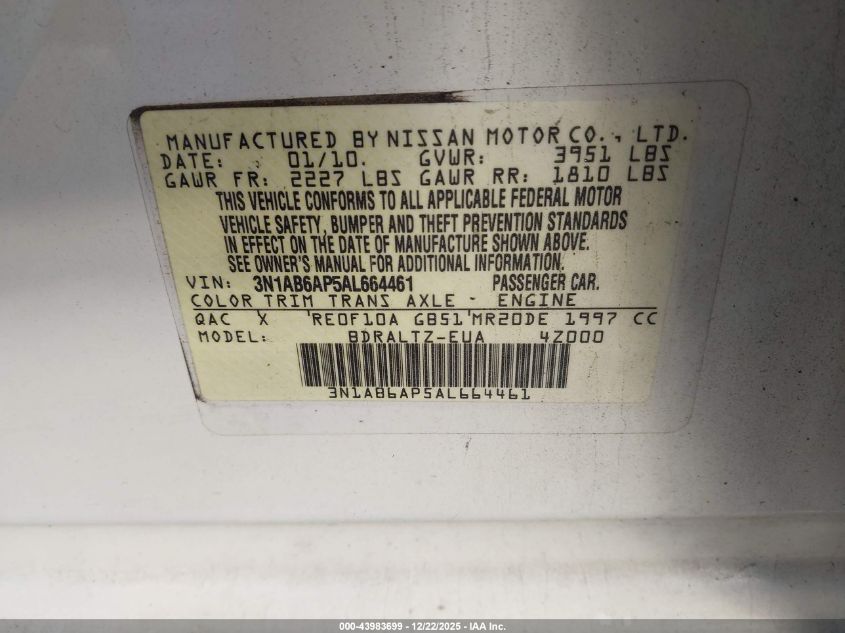 2010 Nissan Sentra 2.0S VIN: 3N1AB6AP5AL664461 Lot: 43983699