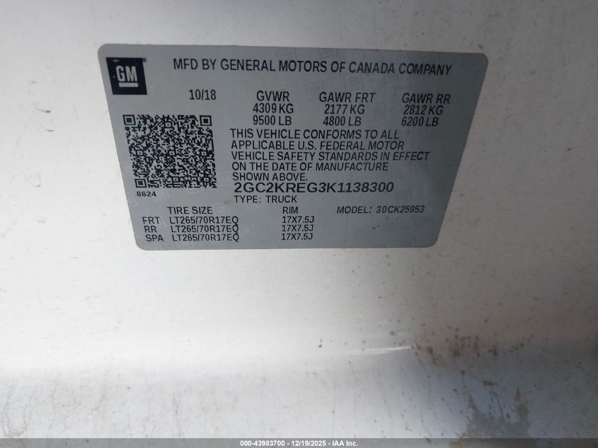 2019 Chevrolet Silverado 2500Hd Wt VIN: 2GC2KREG3K1138300 Lot: 43983700
