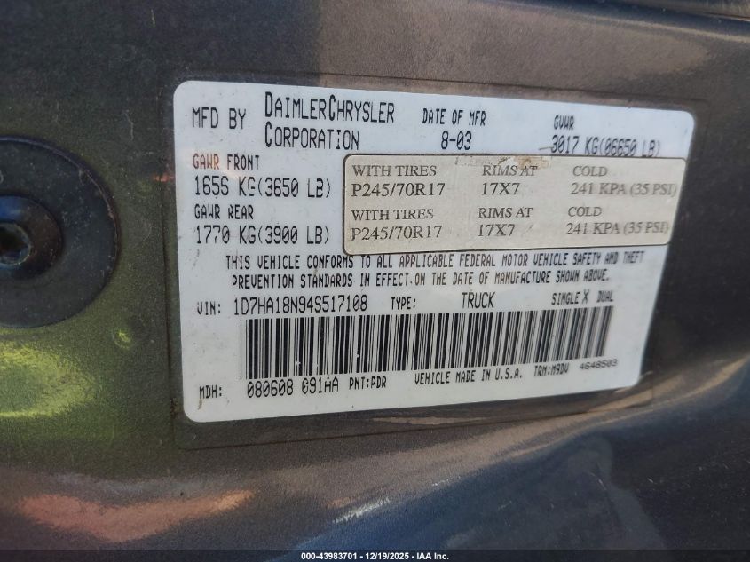 2004 Dodge Ram 1500 Slt/Laramie VIN: 1D7HA18N94S517108 Lot: 43983701