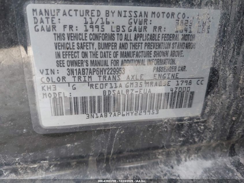 2017 Nissan Sentra S VIN: 3N1AB7AP6HY229953 Lot: 43983708