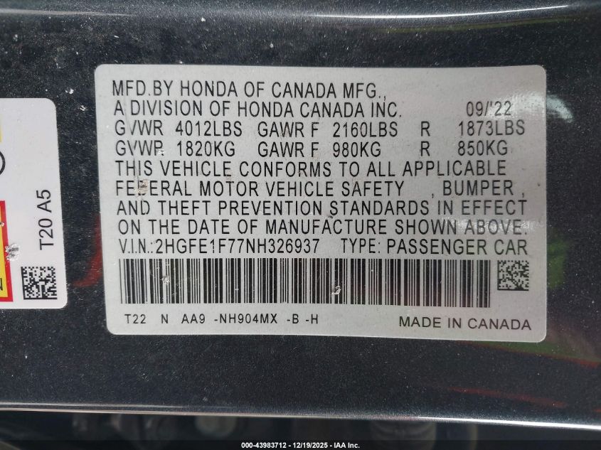 2022 Honda Civic Ex VIN: 2HGFE1F77NH326937 Lot: 43983712