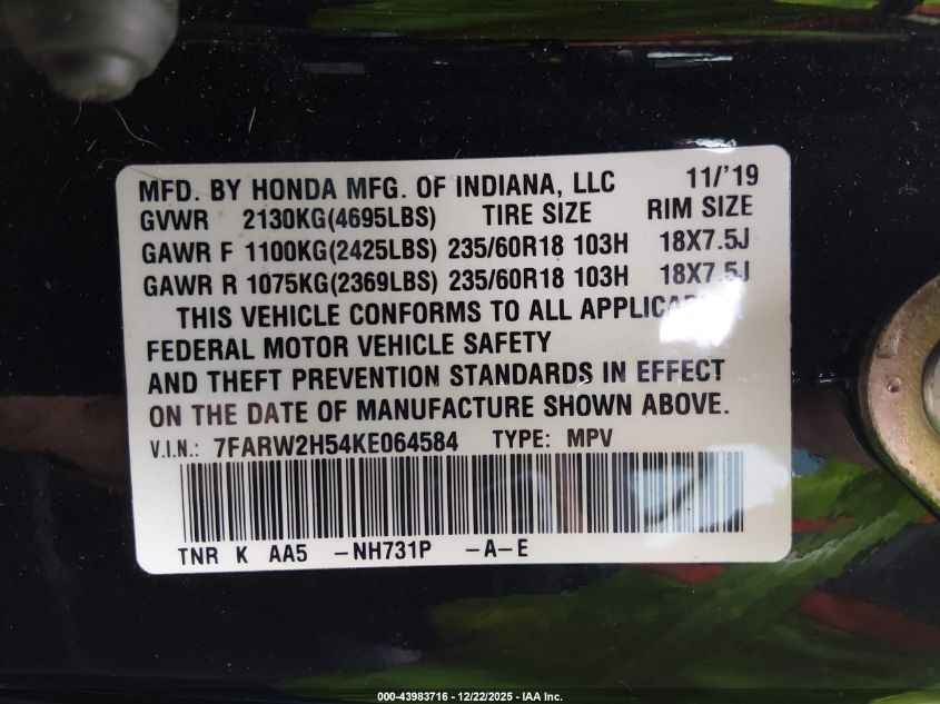 2019 Honda Cr-V Ex VIN: 7FARW2H54KE064584 Lot: 43983716