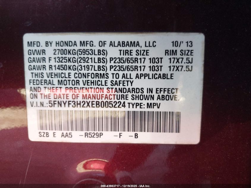 2014 Honda Pilot Lx VIN: 5FNYF3H2XEB005224 Lot: 43983717