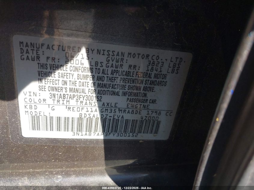 2015 Nissan Sentra Sv VIN: 3N1AB7AP3FY300152 Lot: 43983720