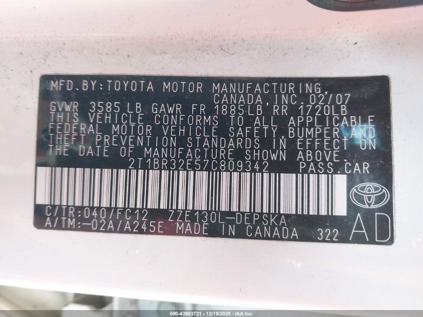 2007 Toyota Corolla S VIN: 2T1BR32E57C809342 Lot: 43983721