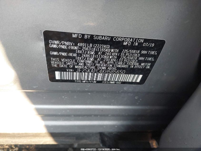 2019 Subaru Forester Sport VIN: JF2SKAPC4KH585650 Lot: 43983722