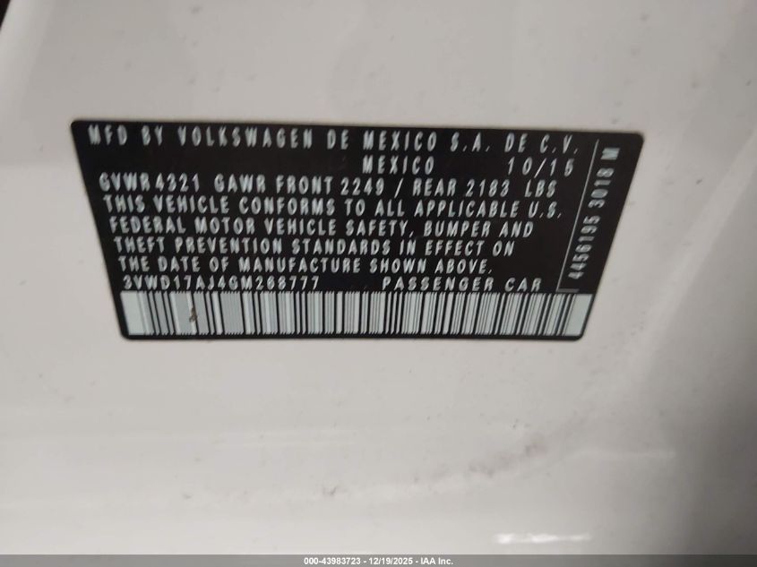 2016 Volkswagen Jetta 1.8T Sport VIN: 3VWD17AJ4GM268777 Lot: 43983723