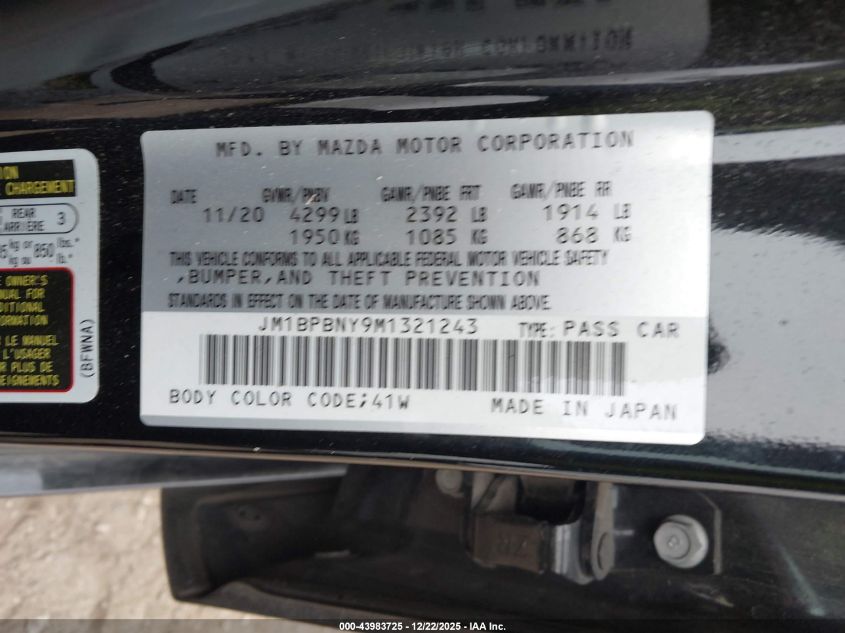 2021 Mazda Mazda3 2.5 Turbo Premium Plus VIN: JM1BPBNY9M1321243 Lot: 43983725