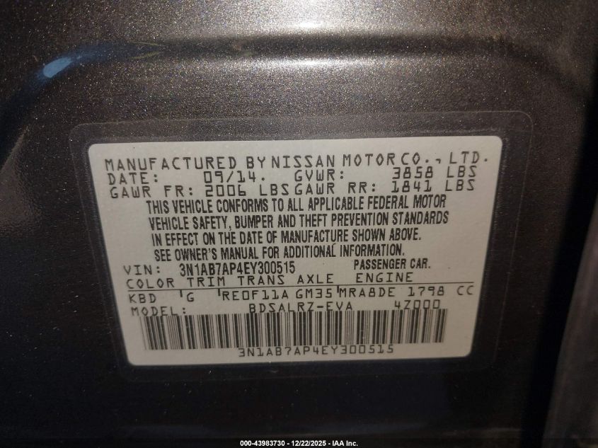 2014 Nissan Sentra Sr VIN: 3N1AB7AP4EY300515 Lot: 43983730