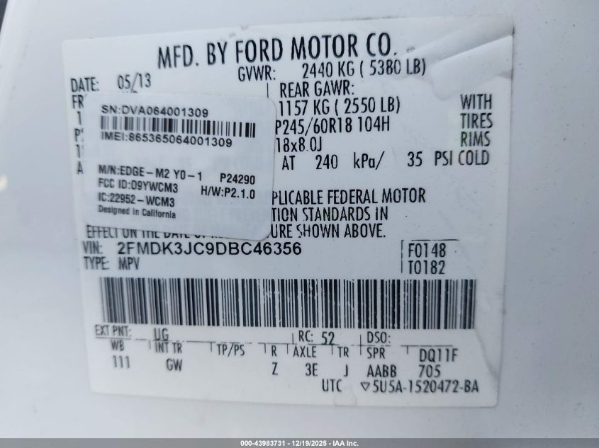 2013 Ford Edge Sel VIN: 2FMDK3JC9DBC46356 Lot: 43983731