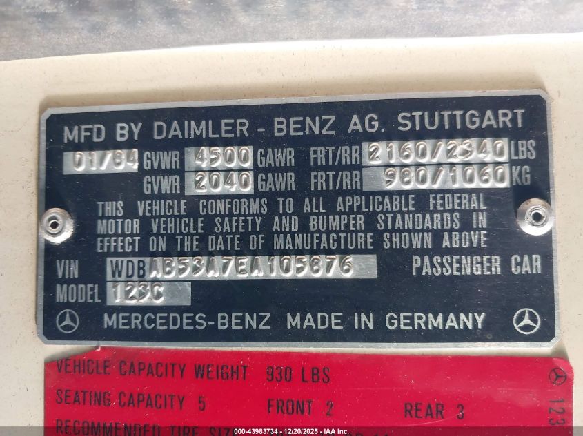 1984 Mercedes-Benz 300 Cdt VIN: WDBAB53A7EA105876 Lot: 43983734