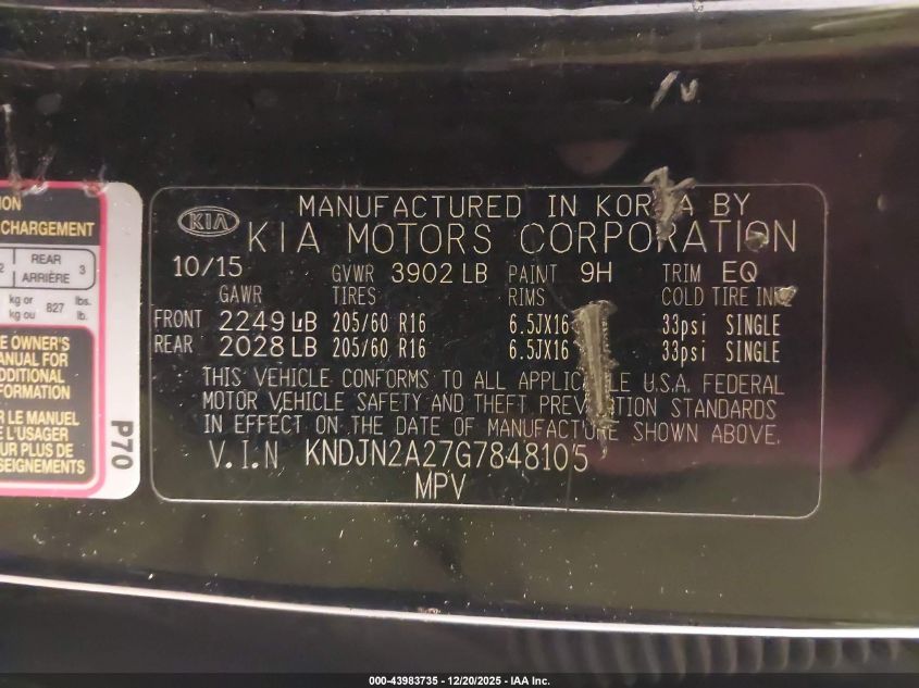 2016 Kia Soul VIN: KNDJN2A27G7848105 Lot: 43983735