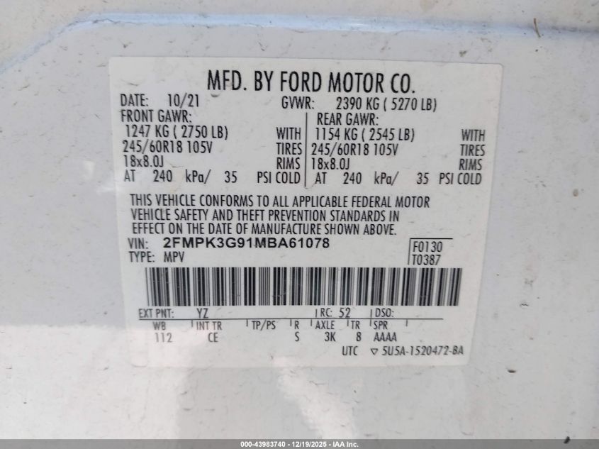 2021 Ford Edge Se VIN: 2FMPK3G91MBA61078 Lot: 43983740