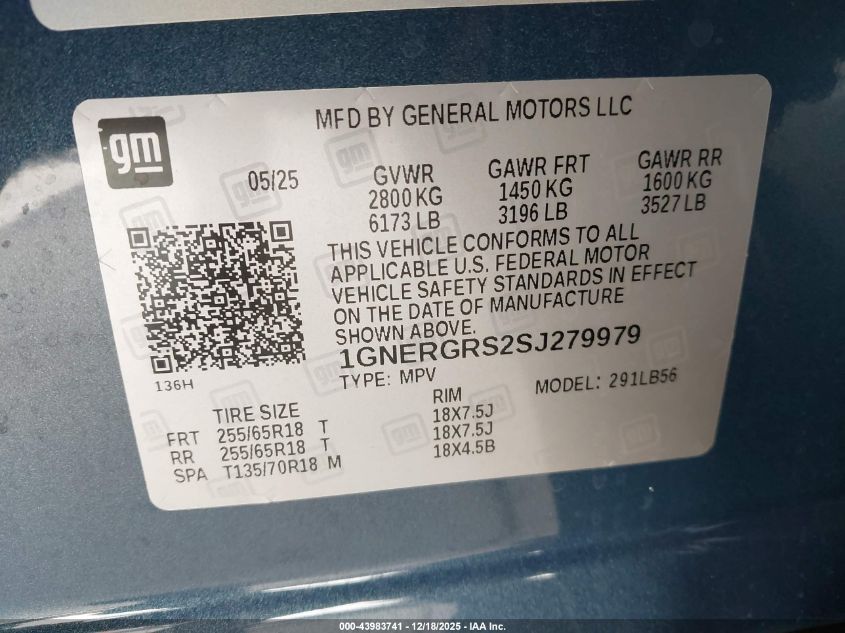 2025 Chevrolet Traverse Fwd Lt VIN: 1GNERGRS2SJ279979 Lot: 43983741