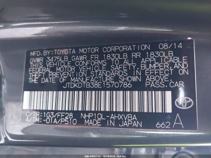 2014 Toyota Prius C Two VIN: JTDKDTB38E1570786 Lot: 43983743