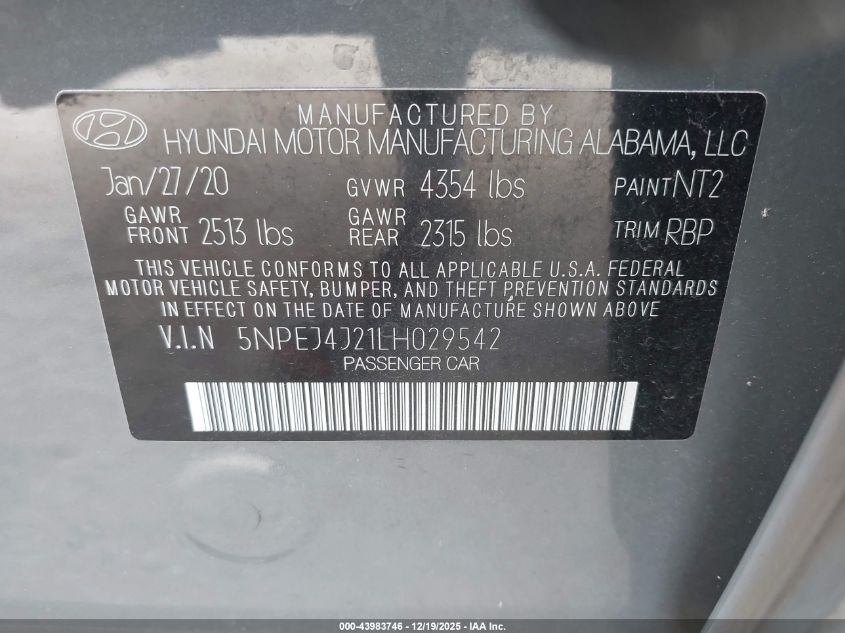 2020 Hyundai Sonata Sel Plus VIN: 5NPEJ4J21LH029542 Lot: 43983746