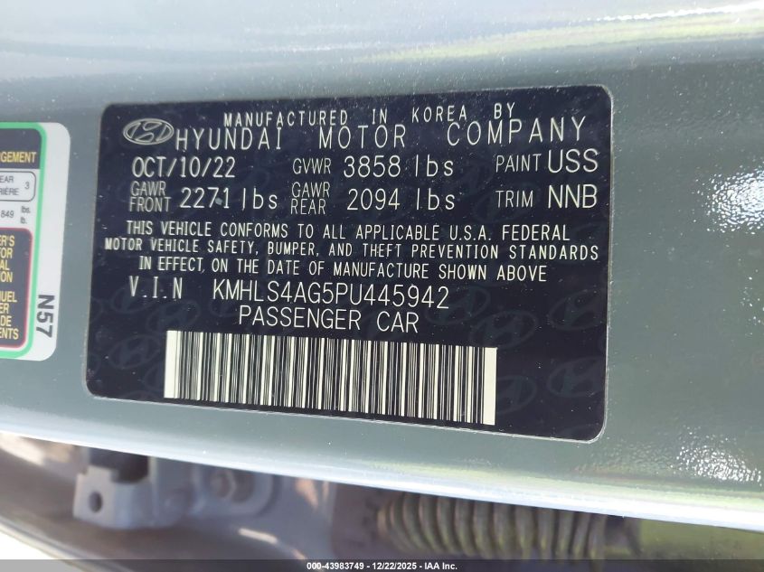 2023 Hyundai Elantra Sel VIN: KMHLS4AG5PU445942 Lot: 43983749