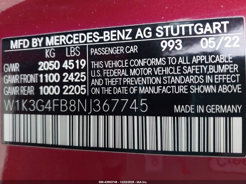 2022 Mercedes-Benz A 220 4Matic VIN: W1K3G4FB8NJ367745 Lot: 43983748