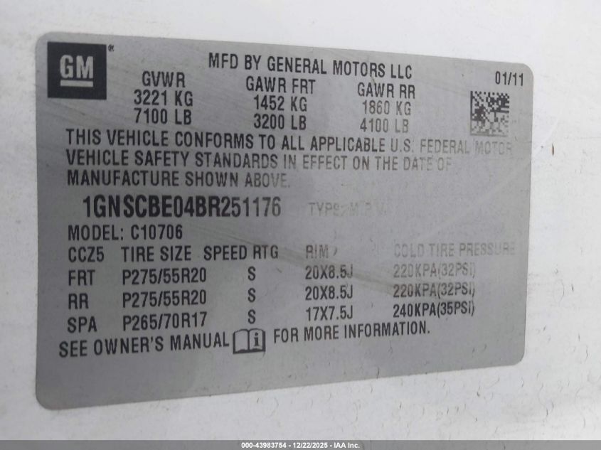 2011 Chevrolet Tahoe Lt VIN: 1GNSCBE04BR251176 Lot: 43983754