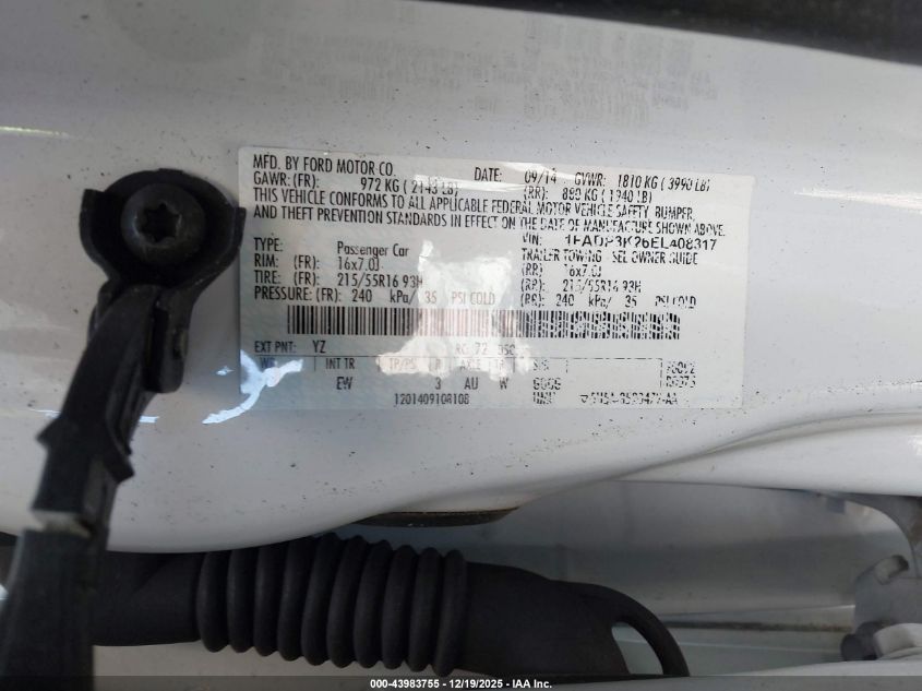 2014 Ford Focus Se VIN: 1FADP3K26EL408317 Lot: 43983755