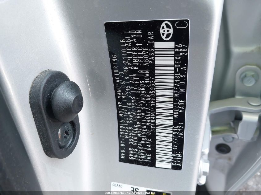 2023 Toyota Corolla Le VIN: 5YFB4MDE3PP059537 Lot: 43983760