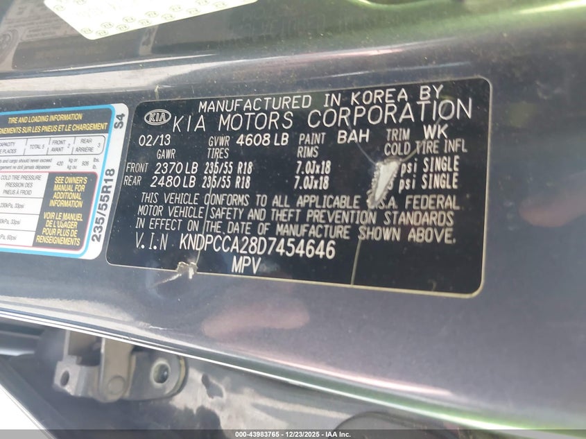 2013 Kia Sportage Ex VIN: KNDPCCA28D7454646 Lot: 43983765