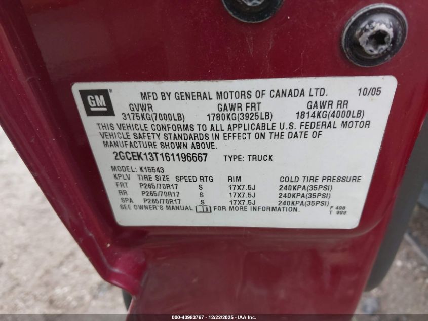 2006 Chevrolet Silverado 1500 Lt2 VIN: 2GCEK13T161196667 Lot: 43983767