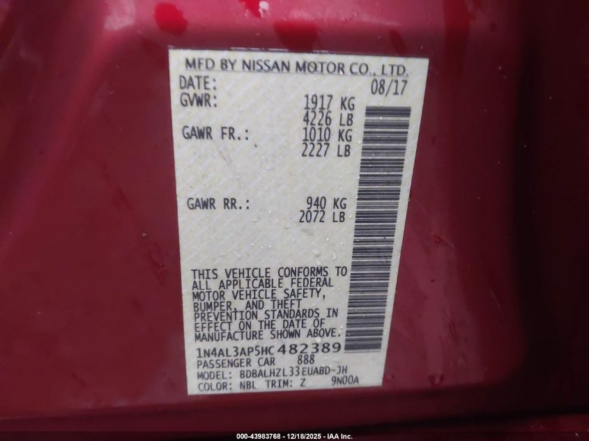2017 Nissan Altima 2.5 Sr VIN: 1N4AL3AP5HC482389 Lot: 43983768