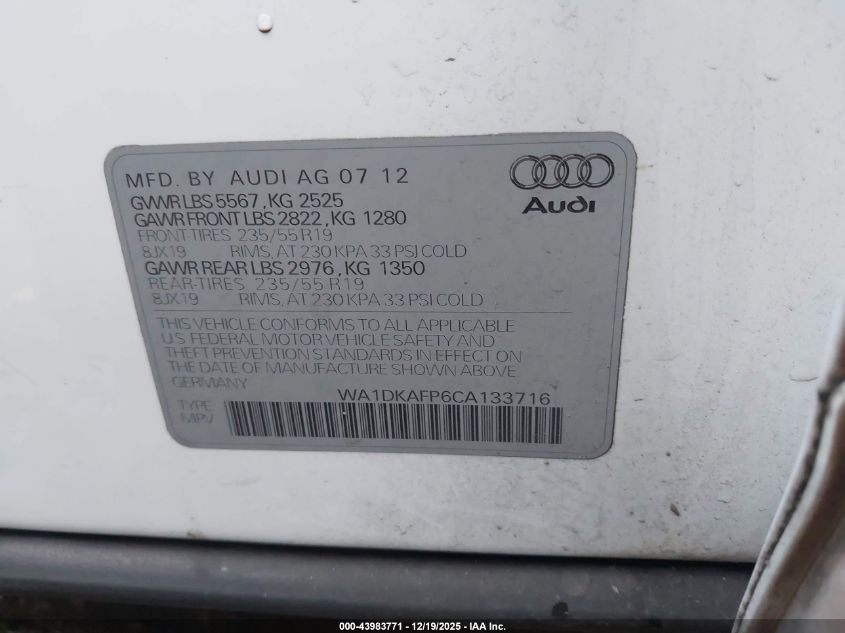 2012 Audi Q5 3.2 Premium Plus VIN: WA1DKAFP6CA133716 Lot: 43983771