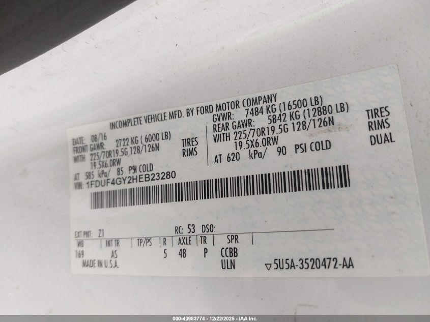 2017 Ford F-450 Chassis Xl VIN: 1FDUF4GY2HEB23280 Lot: 43983774