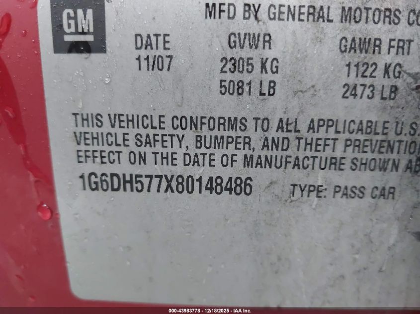 2008 Cadillac Cts Standard VIN: 1G6DH577X80148486 Lot: 43983778