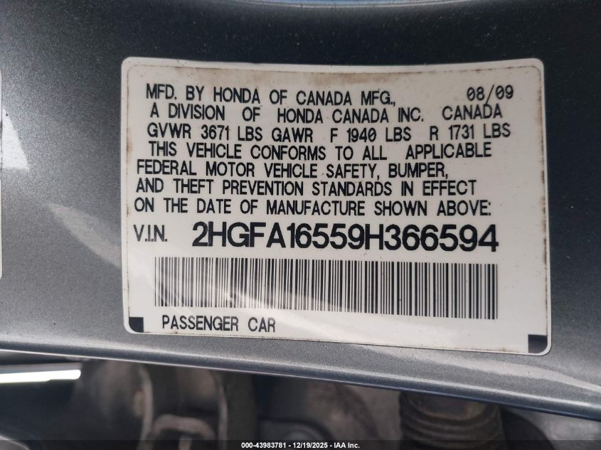 2009 Honda Civic Lx VIN: 2HGFA16559H366594 Lot: 43983781