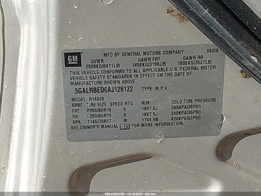 2010 Buick Enclave 1Xl VIN: 5GALRBED6AJ128122 Lot: 43983789