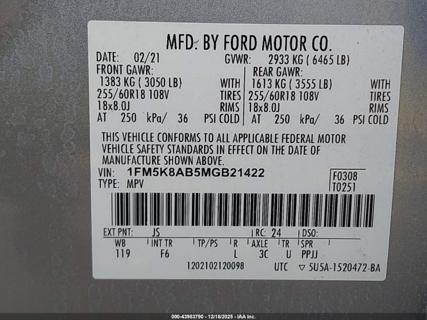 2021 Ford Police Interceptor Utility VIN: 1FM5K8AB5MGB21422 Lot: 43983790