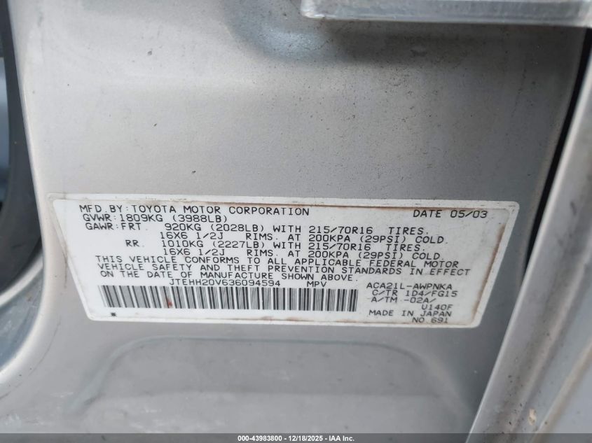 2003 Toyota Rav4 VIN: JTEHH20V636094594 Lot: 43983800