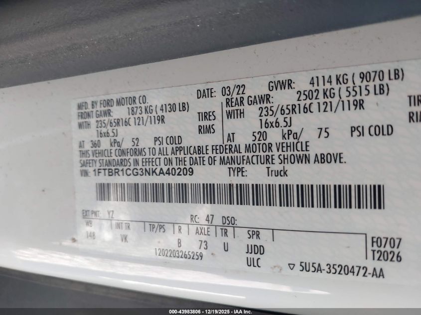 2022 Ford Transit-250 VIN: 1FTBR1CG3NKA40209 Lot: 43983806