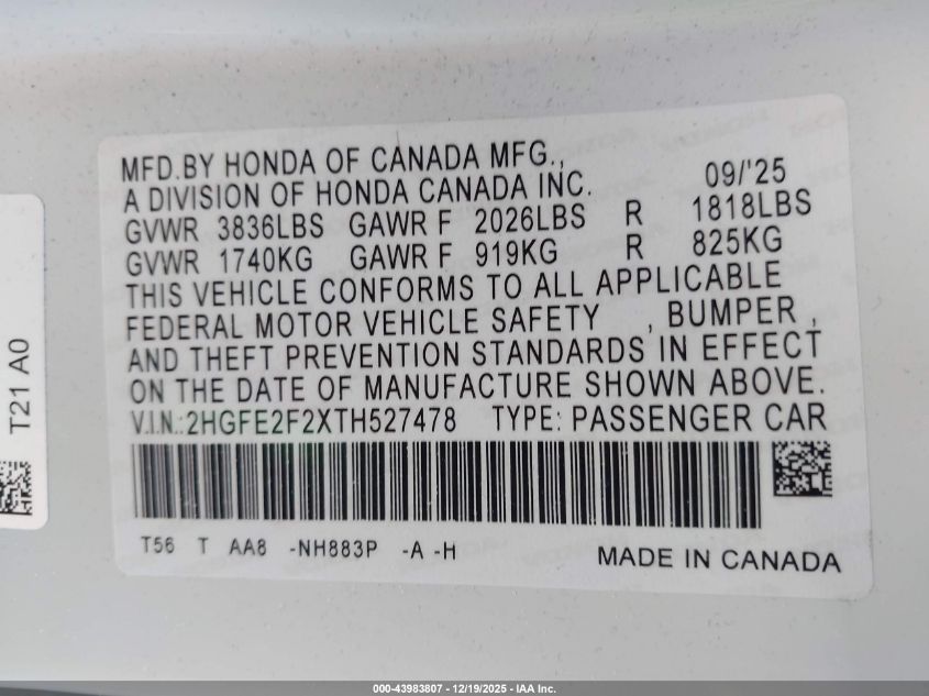 2026 Honda Civic Lx VIN: 2HGFE2F2XTH527478 Lot: 43983807
